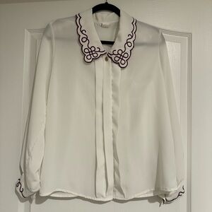 Vintage Thin White Blouse Women's Size Large w/ Purple Embroidery & Gold Buttons